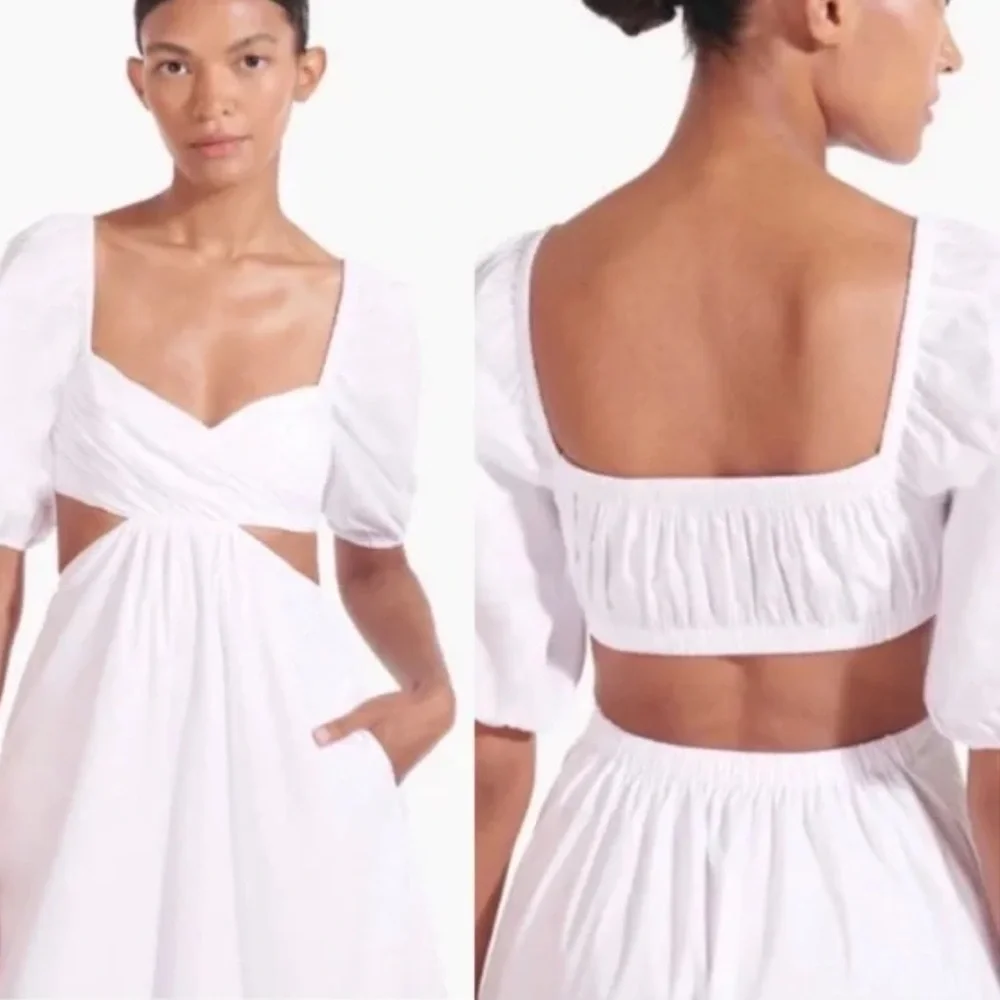 NWT Staud Carina Cut Out Puff Sleeves Midi Dress Size XL White Romantic Feminine - Picture 2 of 15